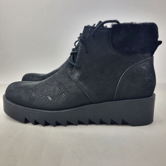 Eileen Fisher Kenille Genuine Shearling Trim Wedge Bootie Black Size 8 - Picture 2 of 11